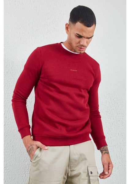 Bisiklet Yaka Basic Minimal Baskılı Sweat Bordo