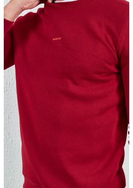 Bisiklet Yaka Basic Minimal Baskılı Sweat Bordo