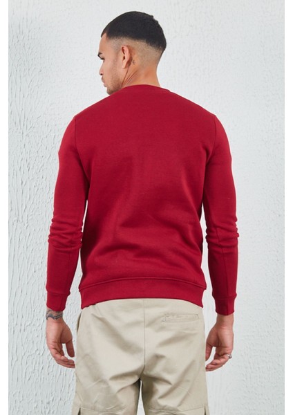 Bisiklet Yaka Basic Minimal Baskılı Sweat Bordo