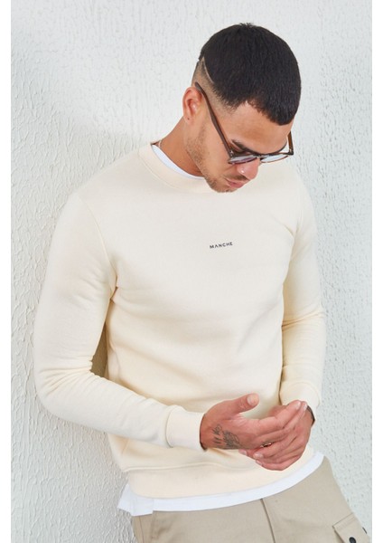 Bisiklet Yaka Basic Minimal Baskılı Sweat Ekru