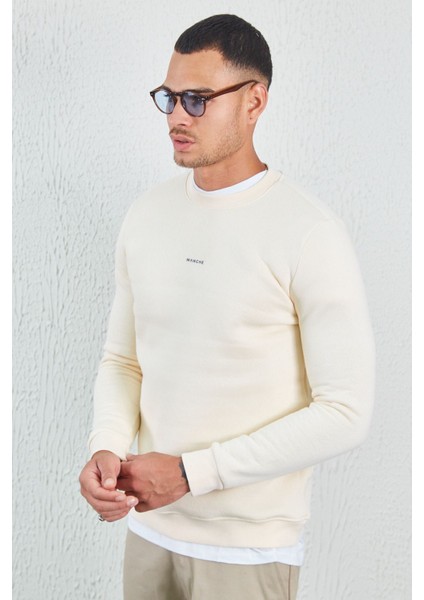 Bisiklet Yaka Basic Minimal Baskılı Sweat Ekru