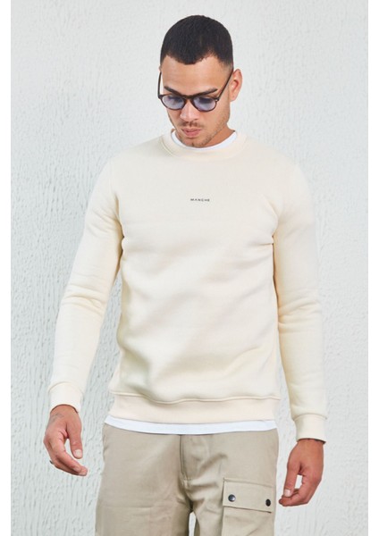 Bisiklet Yaka Basic Minimal Baskılı Sweat Ekru