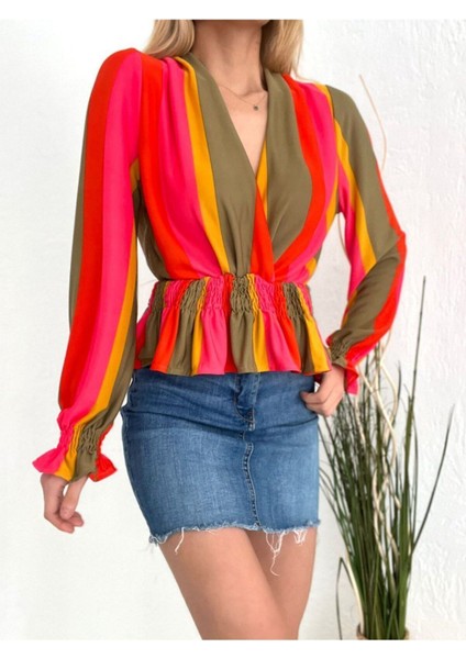 Kadın Renkli Kruvaze Bluz