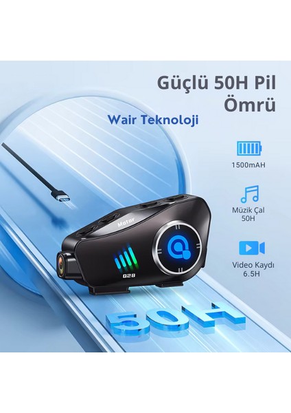 Q28 Motosiklet Kaskı Için Kameralı Bluetooth Kulaklık 1080P Hd Ultra Geniş Açı Su Geçirmez