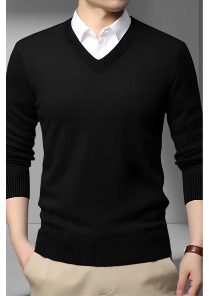 Erkek V Yaka Uzun Kol Triko Tüylenmez Süveter Erkek Slim Fit Süveter modelleri