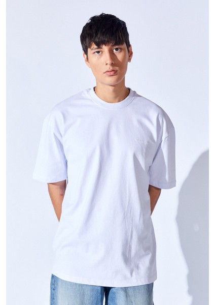Beyaz Kalın Gramajlı Soft Dokulu Fırçalı Yüksek Baskılı Oversize Erkek Tshirt | MNN211049-01