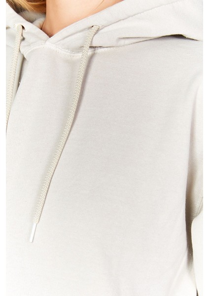 Eskitme Soluk Efektli Regular Normal Kalıp Kapüşonlu Kanguru Cepli Örme Sweatshirt Taş