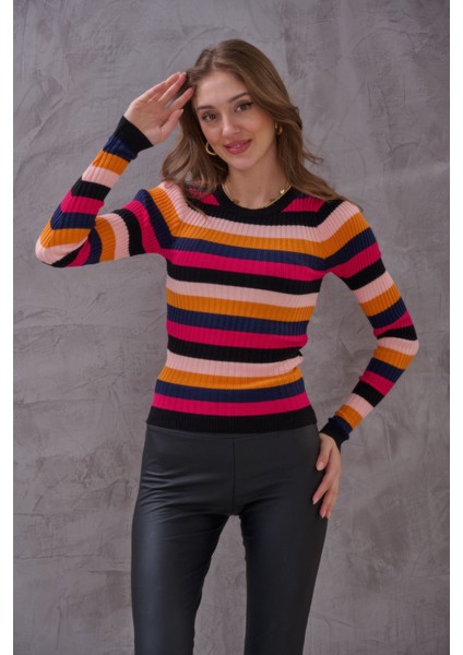 Kadın Vucuda Oturan Yatay Renkli Çizgili Triko Bluz fiyatları