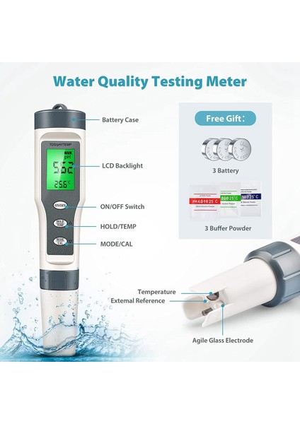 Dijital Ph Ölçer, 0.1 Ph Yüksek Doğruluk 3'ü 1 Arada Ph Tds Sıcaklık Test Cihazı (Yurt Dışından)