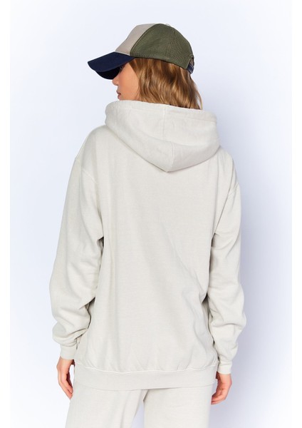 Eskitme Soluk Efektli Regular Normal Kalıp Kapüşonlu Kanguru Cepli Örme Sweatshirt Taş