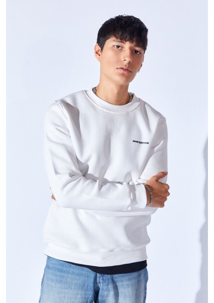 Üç Iplik Şardonlu Lüx Kalite Penye Bisiklet Yaka Yüksek Baskılı Erkek Sweatshirt | Ekru MANW229914-1 fiyatları