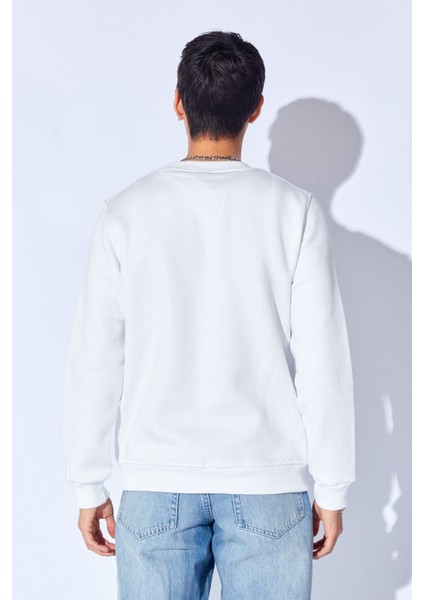 Üç Iplik Şardonlu Lüx Kalite Penye Bisiklet Yaka Yüksek Baskılı Erkek Sweatshirt | Ekru MANW229914-1 indirimleri