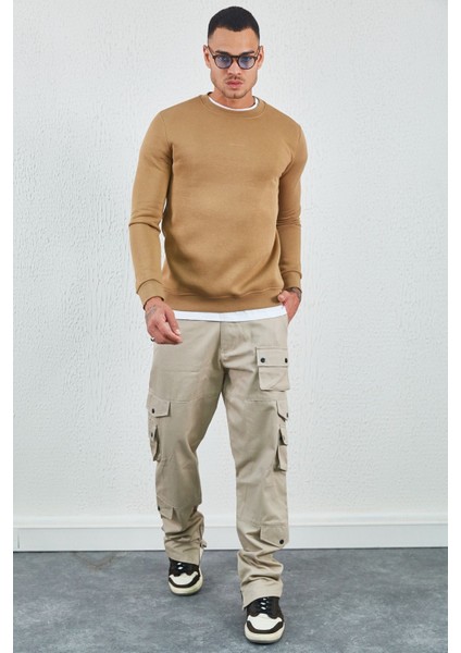 Bisiklet Yaka Basic Minimal Baskılı Sweat Toprak