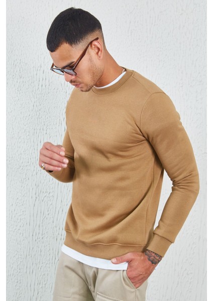 Bisiklet Yaka Basic Minimal Baskılı Sweat Toprak