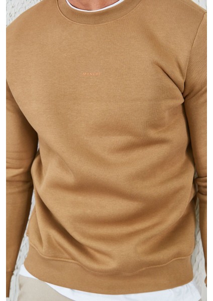 Bisiklet Yaka Basic Minimal Baskılı Sweat Toprak