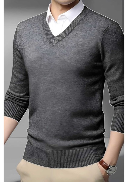 Erkek V Yaka Uzun Kol Triko Tüylenmez Süveter Erkek Slim Fit Süveter fırsatları
