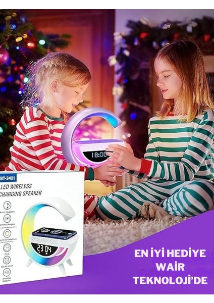 Taşınabilir Kablosuz Hoparlör - G Şekli Rgb Işıklı Saatli Temassız Şarj Standlı Gece Lambası