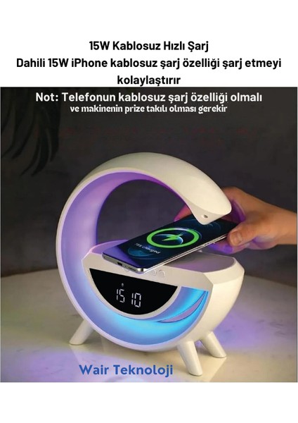 Taşınabilir Kablosuz Hoparlör - G Şekli Rgb Işıklı Saatli Temassız Şarj Standlı Gece Lambası