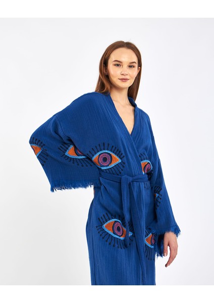 Müslin Kimono Pamuklu Göz Baskılı Desenli Bornoz Kaftan Sabahlık