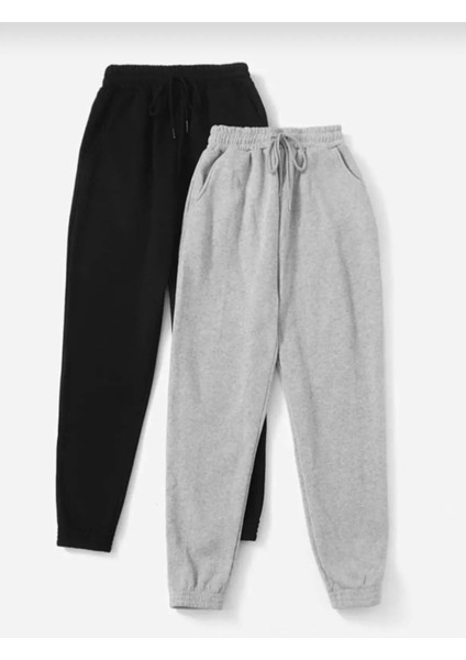 2'li Unisex Siyah-Gri Yüksek Belli Jogger Eşofman Altı