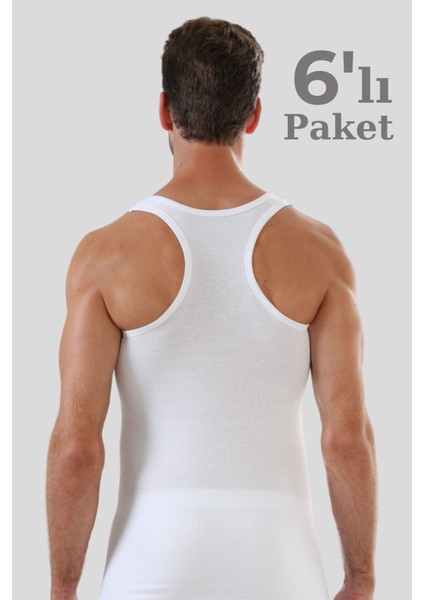 6'lı Paket Beyaz Erkek Sporcu Rambo Atlet %100 Pamuk Ribana