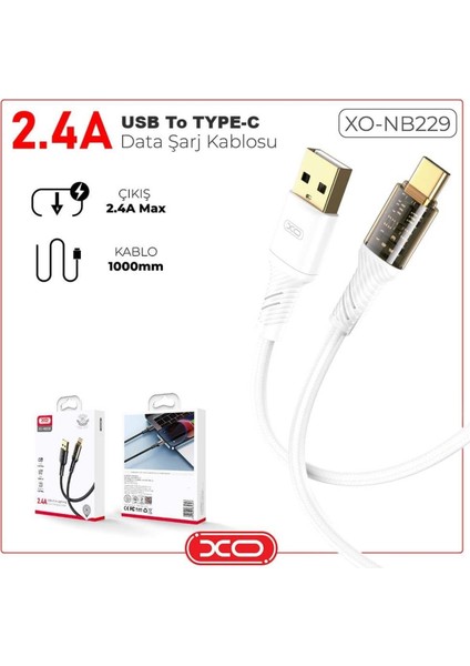 2.4A Fast USB To Type-C Kırılma Kopma Engelleyici Tasarım Altın Uçlu Data Şarj Veri Kablosu NB229