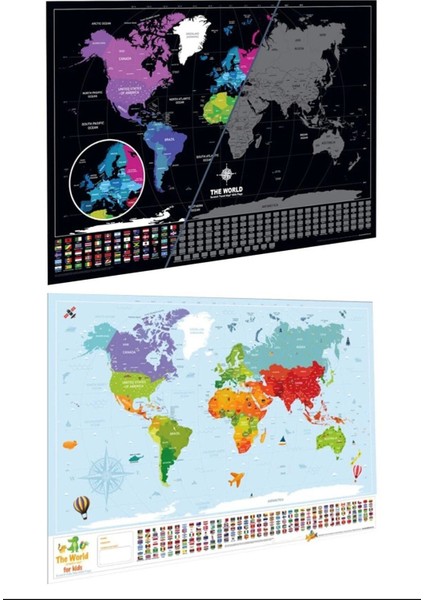 Scratch Map Kazınabilir Dünya Haritası 2’li Klasik ve Kids Versiyon Büyük Boy Dünya Haritaları