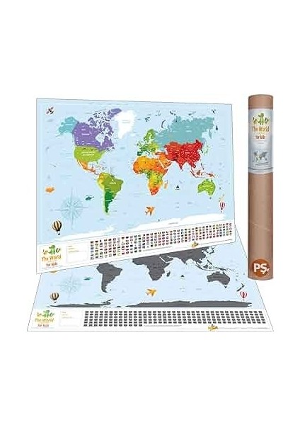 Scratch Map Kazınabilir Dünya Haritası 2’li Klasik ve Kids Versiyon Büyük Boy Dünya Haritaları modelleri