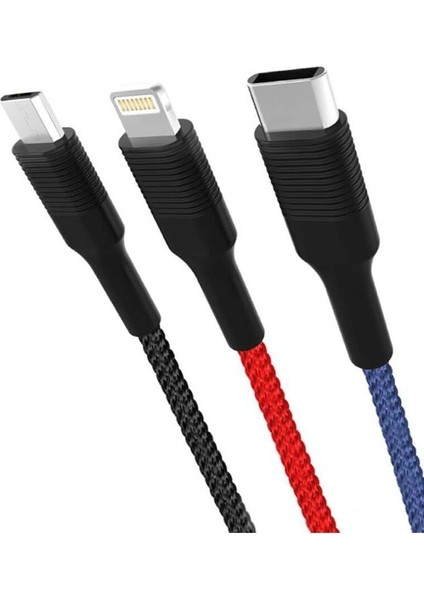 3A Hızlı Fast Lightning Type-C Usb-C Micro iPhone Android Uyumlu 3 In 1 Veri Şarj Kablosu NB54