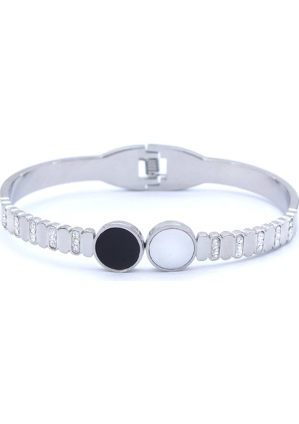 Bz 316L Çelik Zirkon Taşlı Siyah Beyaz Kadın Spor Kelepçe BLZ-417