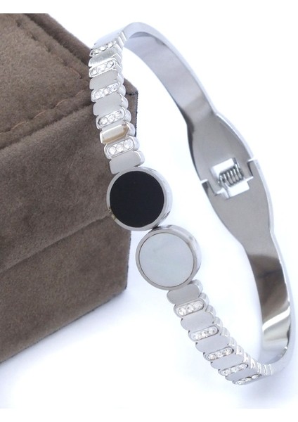 Bz 316L Çelik Zirkon Taşlı Siyah Beyaz Kadın Spor Kelepçe BLZ-417 fırsatları