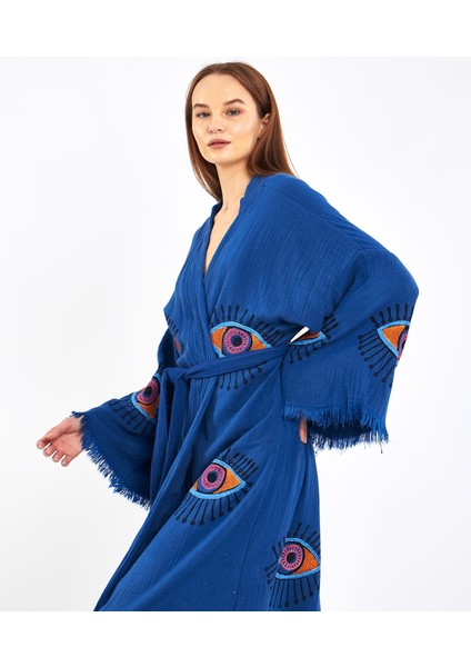 Müslin Kimono Pamuklu Göz Baskılı Desenli Bornoz Kaftan Sabahlık