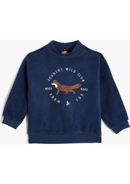 Uzun Kollu Tilki Baskılı Dik Yaka Şardonlu Pamuklu Sweatshirt