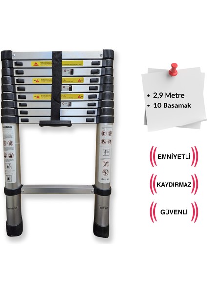 290 cm. - 10 Basamaklı Teleskobik / Teleskopik Alüminyum Merdiven - Uzayan Merdiven