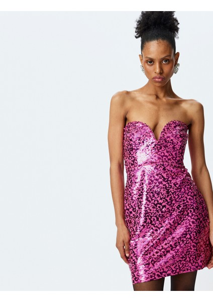 Kalp Yaka Kolsuz Pullu Payetli Mini Bodycon Elbise