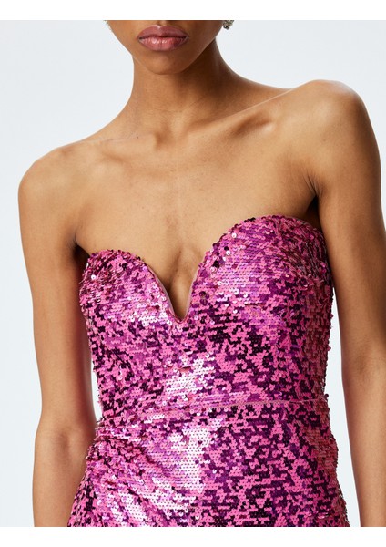 Kalp Yaka Kolsuz Pullu Payetli Mini Bodycon Elbise