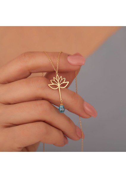 925 Ayar Altın Mikron Kaplama Drop Taşlı Lotus Çiçeği Gümüş Kolye - CNS00592 fiyatları