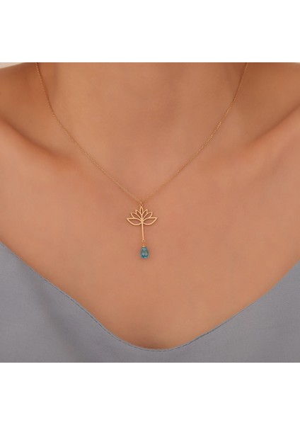 925 Ayar Altın Mikron Kaplama Drop Taşlı Lotus Çiçeği Gümüş Kolye - CNS00592 modelleri