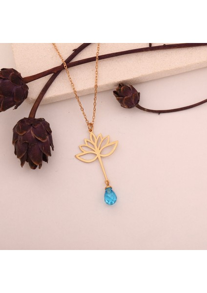 925 Ayar Altın Mikron Kaplama Drop Taşlı Lotus Çiçeği Gümüş Kolye - CNS00592 fırsatları