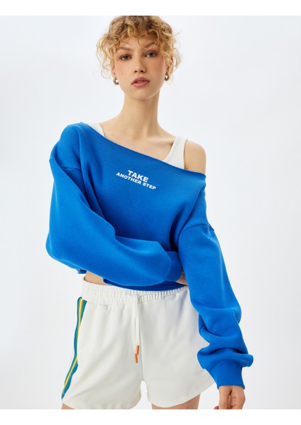 Slogan Baskılı Kayık Yaka Crop Sweatshirt