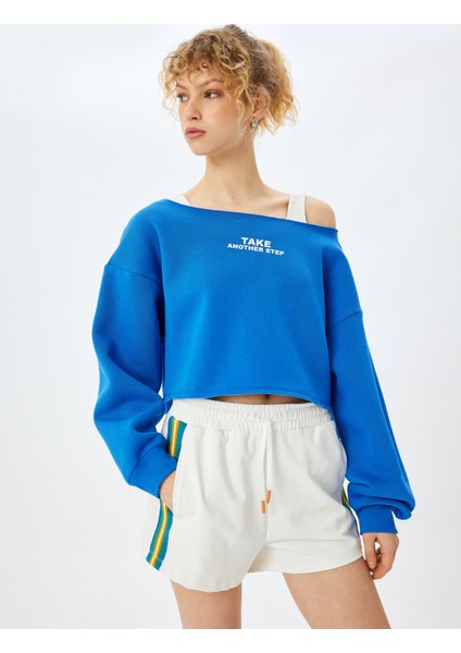 Slogan Baskılı Kayık Yaka Crop Sweatshirt