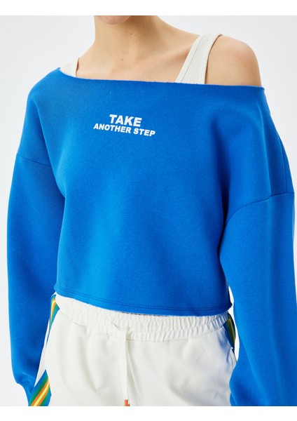 Slogan Baskılı Kayık Yaka Crop Sweatshirt