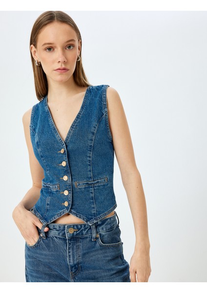 Düğmeli V Yaka Kolsuz Denim Yelek fiyatları
