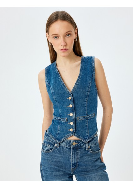 Düğmeli V Yaka Kolsuz Denim Yelek modelleri