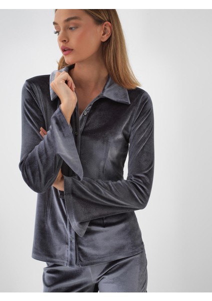 Kadın Antrasit Lüks Dokulu Soft Kadife Slim Fit Gömlek