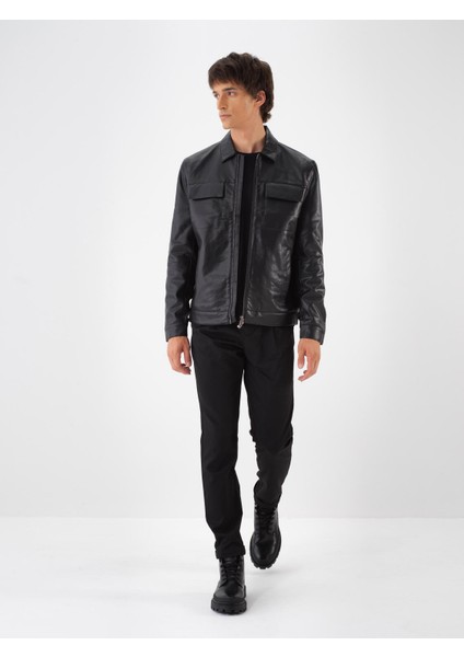 Erkek Siyah Deri Görünümlü Regular Fit Mont