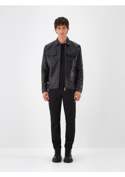 Erkek Siyah Deri Görünümlü Regular Fit Mont fiyatları