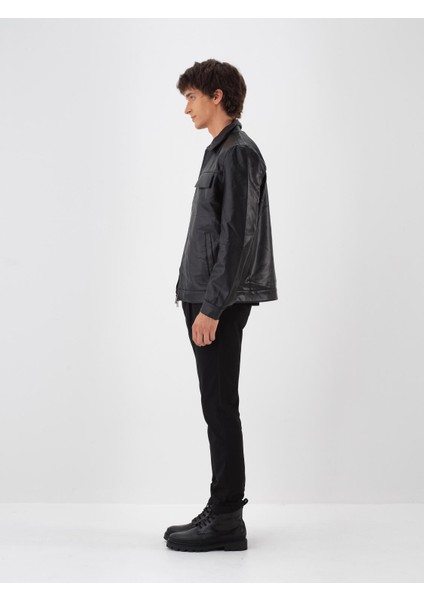 Erkek Siyah Deri Görünümlü Regular Fit Mont modelleri