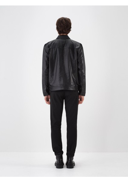 Erkek Siyah Deri Görünümlü Regular Fit Mont fırsatları