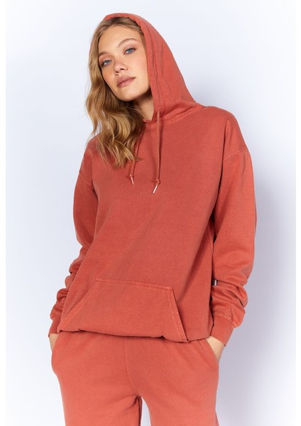 Eskitme/soluk Efektli Regular/normal Kalıp Kapşonlu Kanguru Cepli Örme Sweatshirt | Kiremit